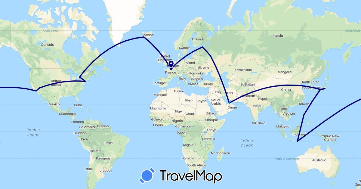 TravelMap itinerary: driving, bus in United Arab Emirates, Canada, France, Indonesia, Iceland, Japan, Philippines, Russia, United States (Asia, Europe, North America)